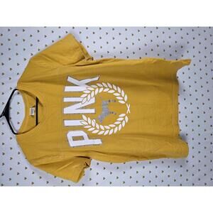 Victorias Secret PINK Yellow Logo Glitter Dog TEe shirt V neck LARGE